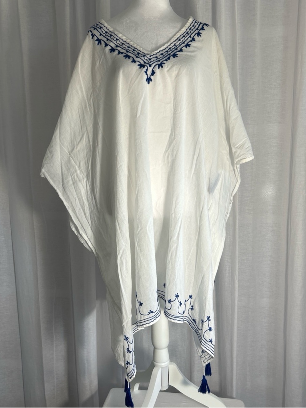 White V-Neck Embroidered Tunic with Navy Trim